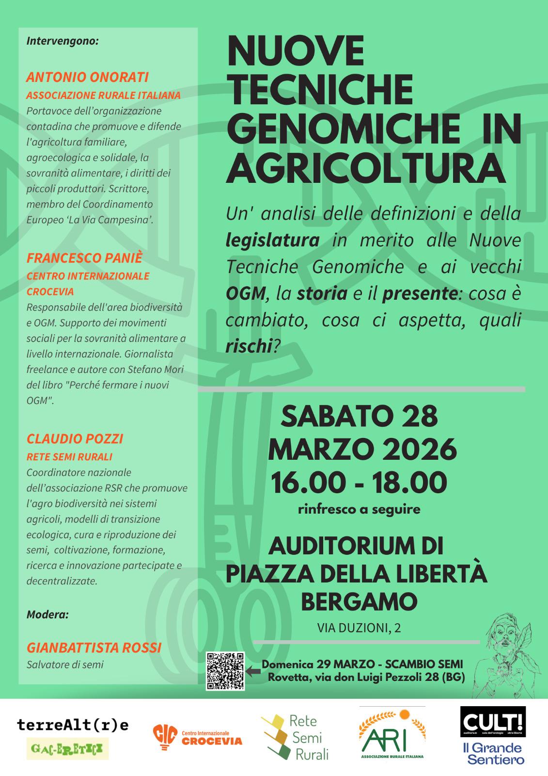 28/29 MARZO – NUOVE TECNICHE GENOMICHE IN AGRICOLTURA e FINE SETTIMANA DEDICATO ALLA CURA DELLA TERRA, DELLE SEMENTI, DEL CIBO